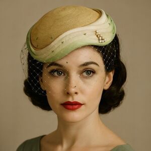 Vintage 1950s Ombre Silk & Straw Pillbox Hat Rhinestone Clip With Mesh Veil 22.5